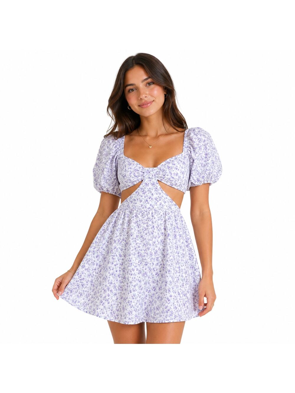 Sky to Moon Floral Off Shoulder Puff Sleeve Mini Dress Purple White Size Medium